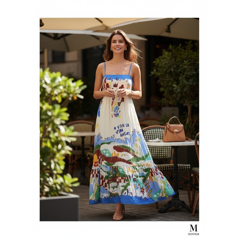 Rachel Zoe Dress Womens S Linen Viva La Vida Graffiti Maxi Blue Multi NEW Boho